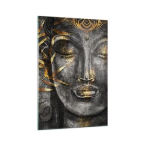 Obraz na szkle - Zen wizerunek Buddy z złotymi bambusami - 70x100cm - Poczuj spokój - Nowoczesna dekoracja ścienna do salonu i sypialni ARTTOR