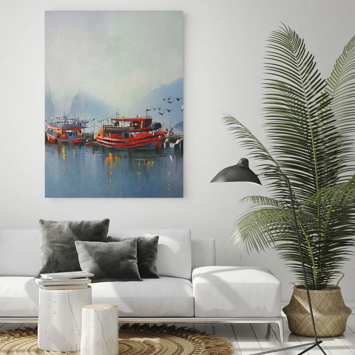 Obraz na szkle - Port z czerwonymi łodziami, latarnią i ptakami na tle gór - 50x70cm - Na końcu świata - Nowoczesna dekoracja ścienna do salonu, kuchni i sypialni ARTTOR