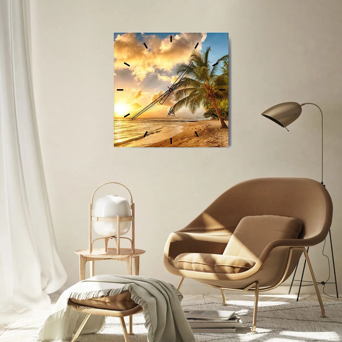Zegar ścienny - Plaża z palmami i zachodem słońca nad oceanem - 30x30cm - Wieczne lato, zawsze wakacje - Nowoczesna dekoracja ścienna do salonu i sypialni ARTTOR