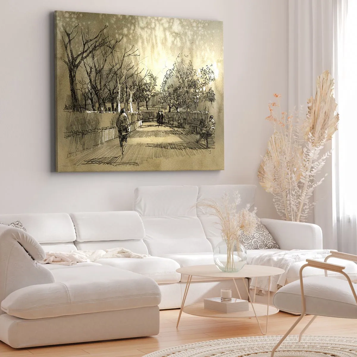 Obraz na płótnie - Rysunkowa scena z parkiem i spacerującymi ludźmi w ciepłych odcieniach - 70x50cm - Piórkiem zatrzymana chwila - Nowoczesna dekoracja ścienna do salonu i sypialni ARTTOR
