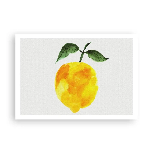 Plakat - Akwarelowa cytryna z zielonymi liśćmi na jasnym tle - 100x70cm - Jak poznać smak słońca - Nowoczesna dekoracja ścienna do salonu i sypialni ARTTOR