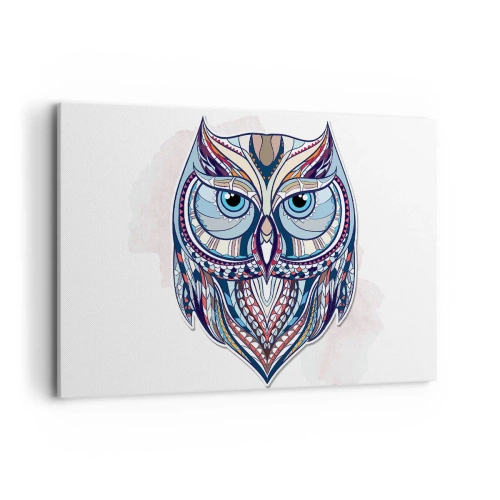 Obraz na płótnie - Geometryczna sowa w odcieniach niebieskiego i beżowego - 120x80cm - Kunsztowna sowa ornamentowa - Nowoczesna dekoracja ścienna do salonu, kuchni i sypialni ARTTOR