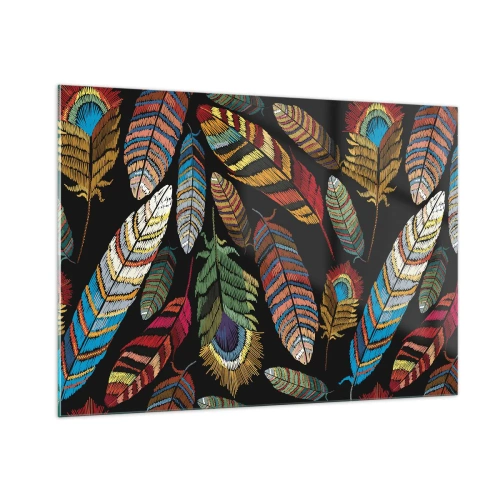 Obraz na szkle - Kolorowe pióra na ciemnym tle w artystycznym wzorze - 100x70cm - Ptasi karnawał - Nowoczesna dekoracja ścienna do salonu, kuchni i sypialni ARTTOR
