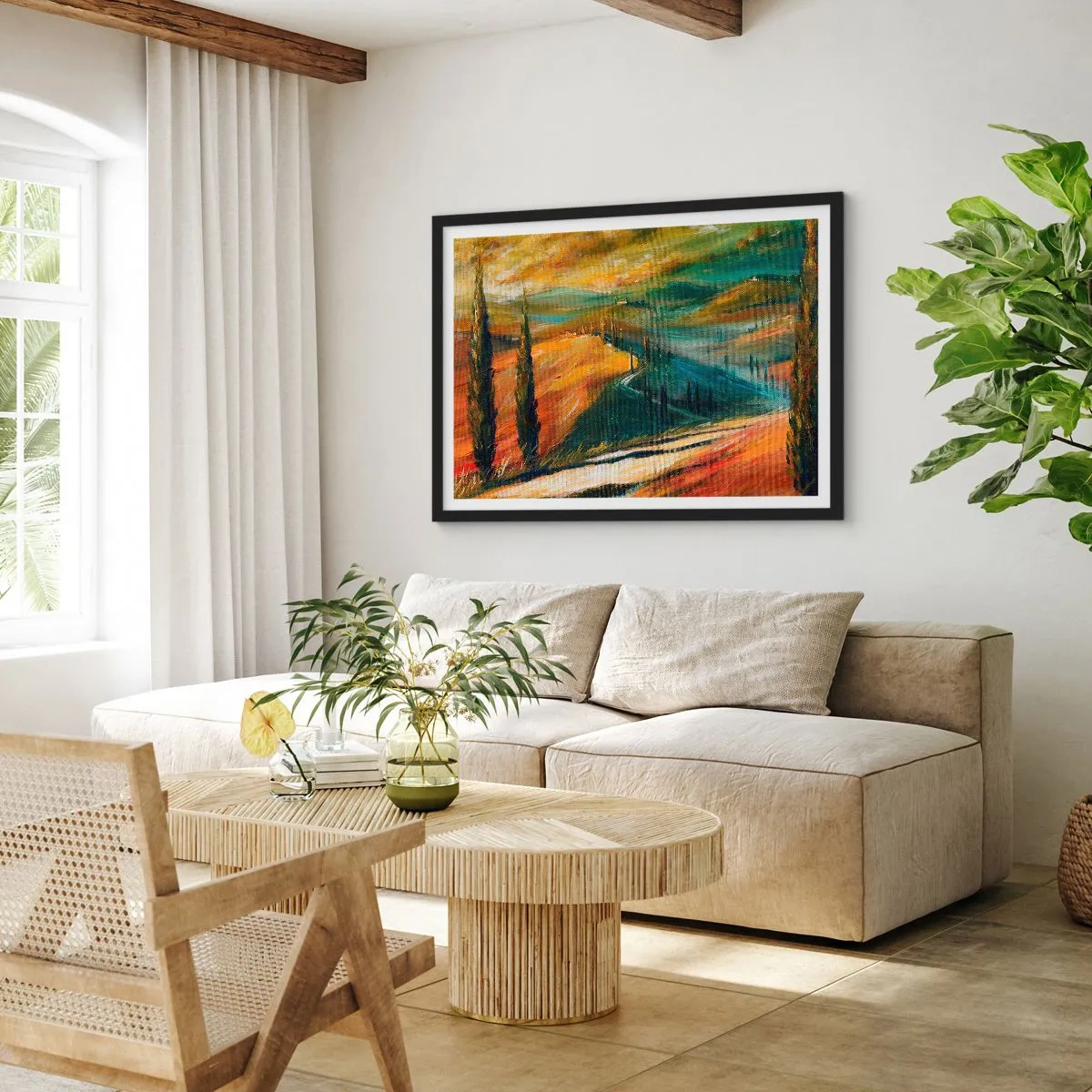 Plakat w czarnej ramie - Toskański krajobraz z polami, drogą i cyprysami - 70x50cm - Toskański pejzaż - Nowoczesna dekoracja ścienna do salonu i sypialni ARTTOR