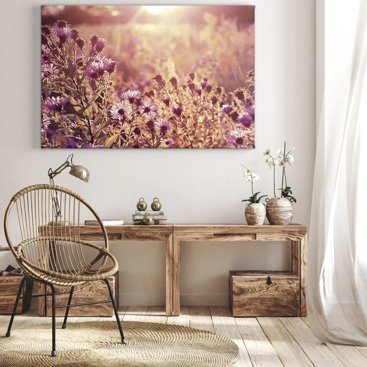 Obraz na płótnie - Łąka w świetle zachodzącego słońca - 70x50cm - Przed odejściem lata - Nowoczesna dekoracja ścienna do salonu i sypialni ARTTOR