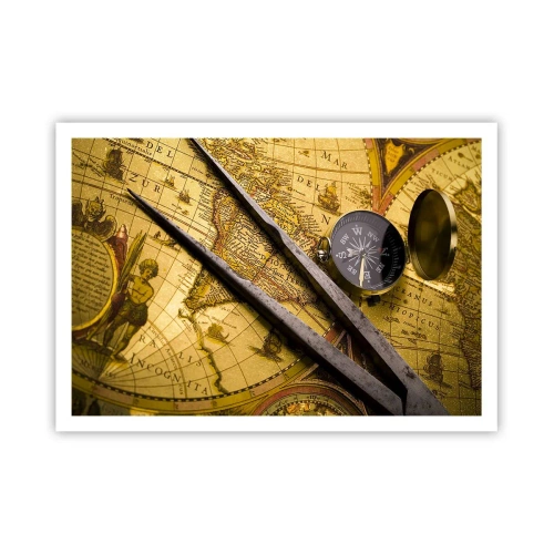 Plakat - Zabytkowa mapa świata z kompasem i cyrklem na tle - 100x70cm - Gdze te skarby? - Nowoczesna dekoracja ścienna do salonu i sypialni ARTTOR