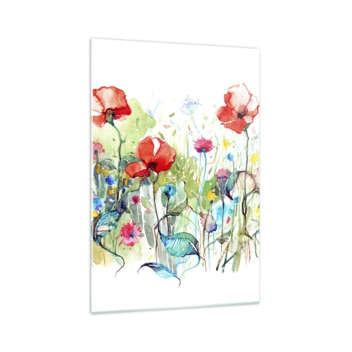 Obraz na szkle - Łąka z czerwonymi makami i kolorowymi kwiatami w akwareli - 70x100cm - Kwitnąca majem łąka - Nowoczesna dekoracja ścienna do salonu i sypialni ARTTOR