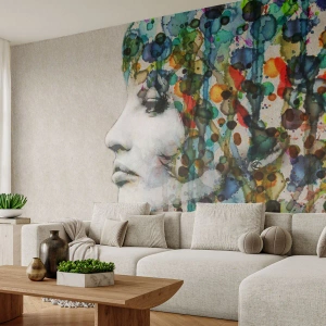 Fototapeta Standard Eco - Portret kobiety z abstrakcyjną kolorową kompozycją - 100x70cm - Wyłoniła się z szarości - Nowoczesna dekoracja ścienna do salonu i sypialni ARTTOR