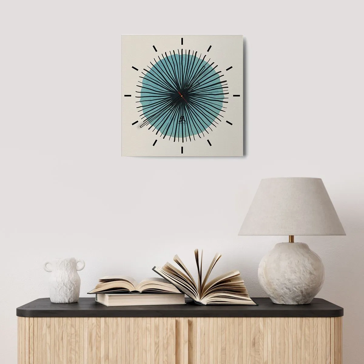 Zegar ścienny - Abstrakcyjna forma w kształcie koła z promieniami w błękitach - 30x30cm - Promieniście na błękicie - Nowoczesna dekoracja ścienna do salonu i sypialni ARTTOR