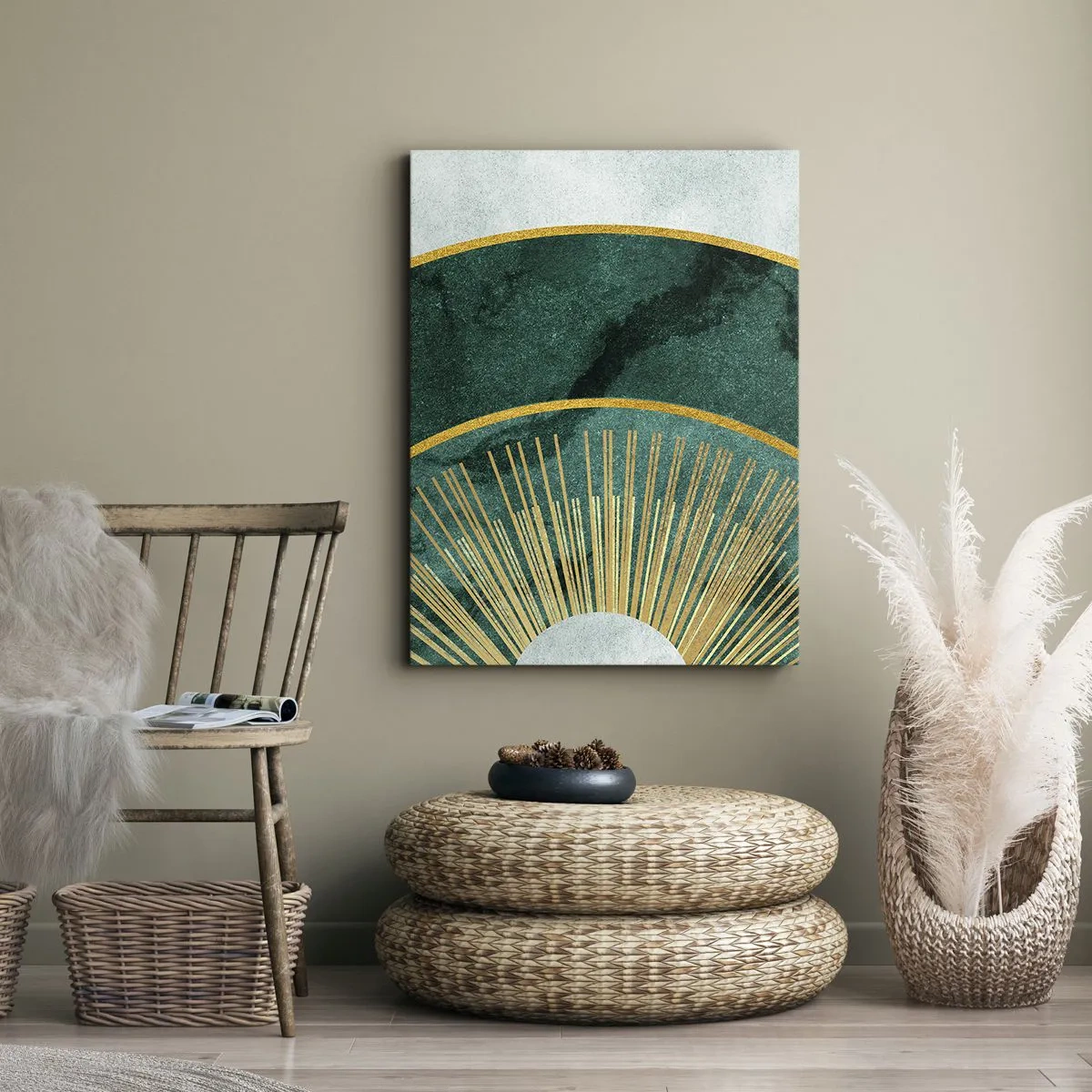 Obraz na płótnie - Elegancka geometryczna kompozycja w zieleni i złocie - 50x70cm - Inny układ słoneczny - Nowoczesna dekoracja ścienna do salonu, kuchni i sypialni ARTTOR