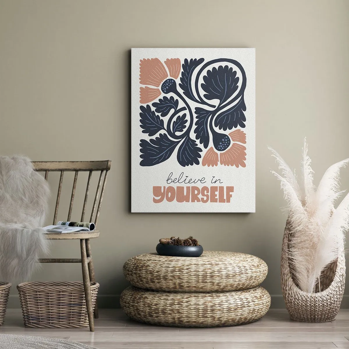 Obraz na płótnie - Stylizowane kwiaty w granatowo-pomarańczowych barwach z inspirującym napisem - 70x100cm - I ty rozkwitaj - Nowoczesna dekoracja ścienna do salonu i sypialni ARTTOR