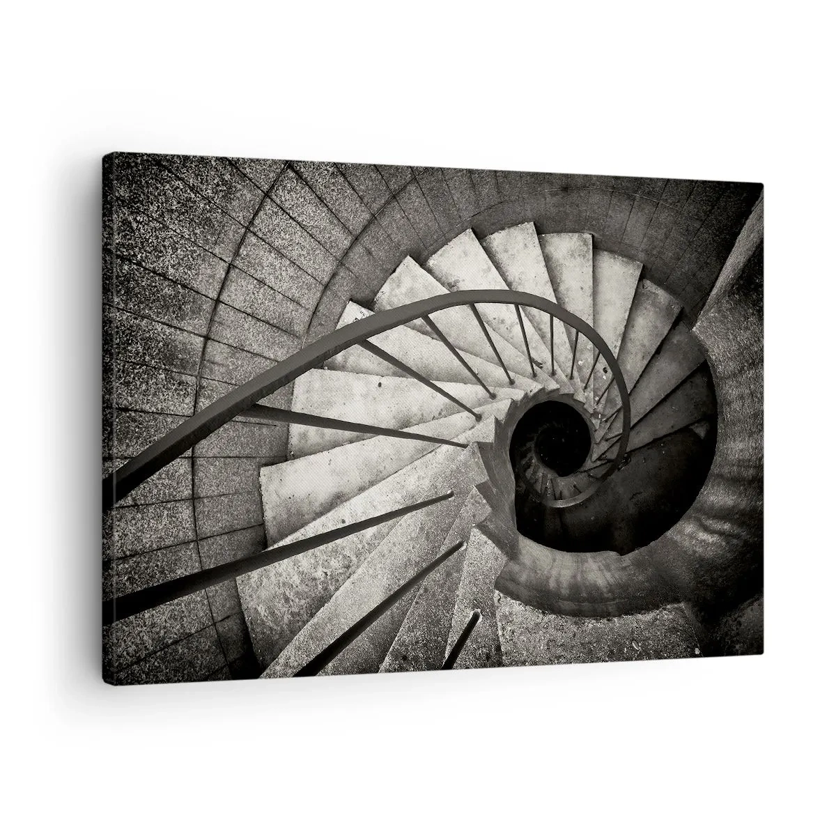 Obraz na płótnie - Czarno-białe spiralne schody w nowoczesnym stylu - 70x50cm - Schodami w górę, schodami w dół - Nowoczesna dekoracja ścienna do salonu i sypialni ARTTOR