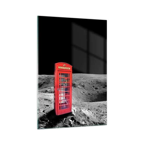 Obraz na szkle - Czerwona budka telefoniczna na Księżycu - 70x100cm - Kosmiczny żart - Nowoczesna dekoracja ścienna do salonu i sypialni ARTTOR