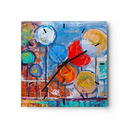 Zegar ścienny - Kolorowe abstrakcyjne drzewa na niebieskim tle - 30x30cm - Cuda na kiju - Nowoczesna dekoracja ścienna do salonu i sypialni ARTTOR