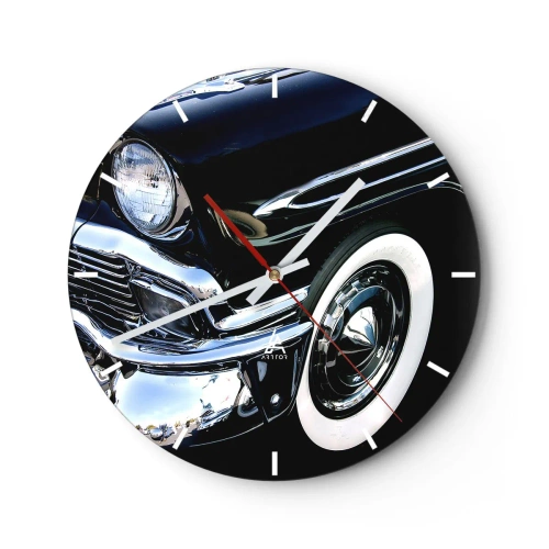 Zegar ścienny - Błyszczące czarne auto retro w stylu klasycznym - 30x30cm - Klasyka w srebrze, czerni i bieli - Nowoczesna dekoracja ścienna do salonu, kuchni i sypialni ARTTOR