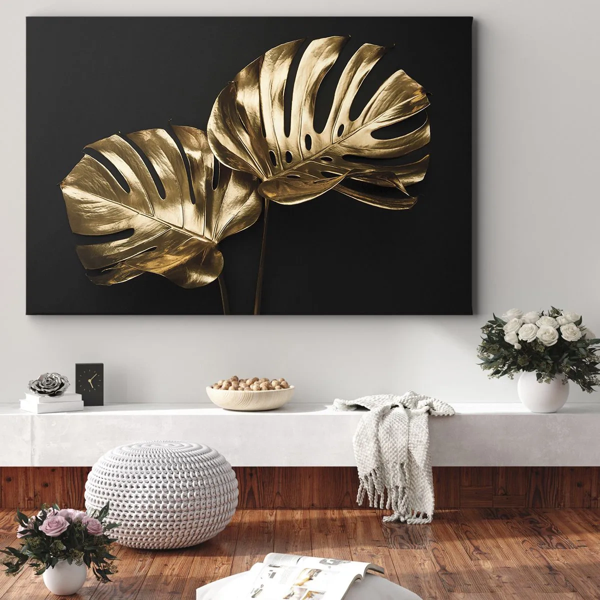 Obraz na płótnie - Złote liście monstery na czarnym tle - 70x50cm - Skarby natury - Nowoczesna dekoracja ścienna do salonu i sypialni ARTTOR