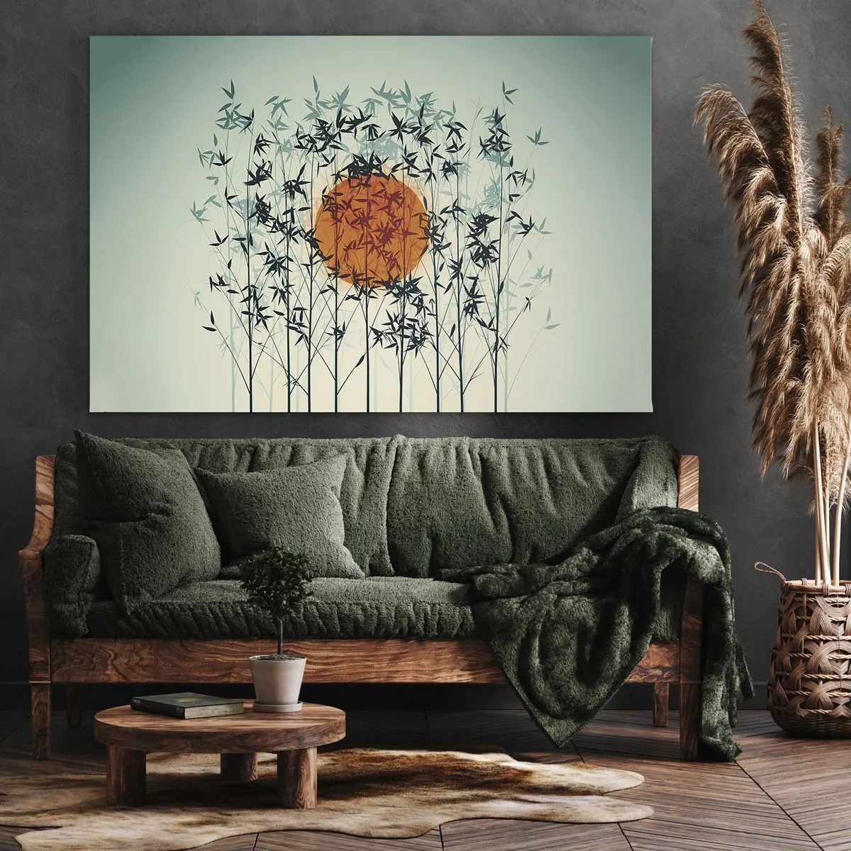 Obraz na płótnie - Pomarańczowe słońce wśród bambusowych gałęzi - 70x50cm - Japońskie słońce - Nowoczesna dekoracja ścienna do salonu i sypialni ARTTOR