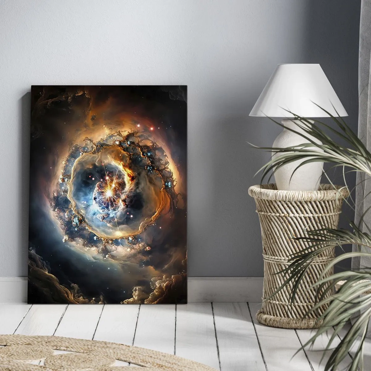 Obraz na płótnie - Kosmiczna mgławica w intensywnych odcieniach niebieskiego i złota - 50x70cm - Początek - Nowoczesna dekoracja ścienna do salonu, kuchni i sypialni ARTTOR