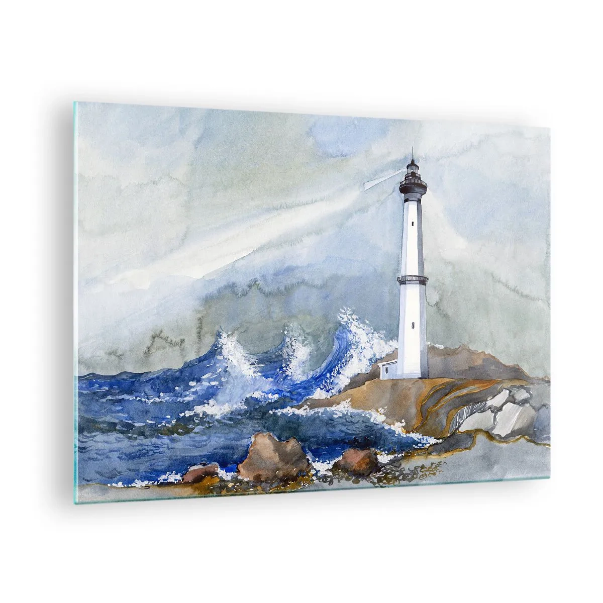Obraz na szkle - Latarnia morska przy wzburzonym morzu w akwarelowym stylu - 70x50cm - Przeciwko ciemności i nawałnicy - Nowoczesna dekoracja ścienna do salonu i sypialni ARTTOR