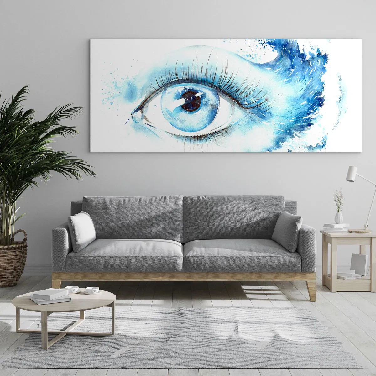 Obraz na szkle - Artystyczna akwarela oka z dynamiczną falą - 160x50cm - Zanurzyć się w błękicie spojrzenia - Nowoczesna dekoracja ścienna do salonu i sypialni ARTTOR
