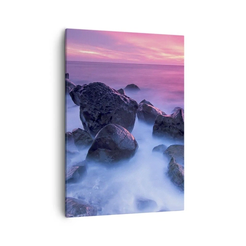 Obraz na płótnie - Kamienie nad wodą o zachodzie słońca - 50x70cm - Narodziny w blasku i mgle - Nowoczesna dekoracja ścienna do salonu, kuchni i sypialni ARTTOR