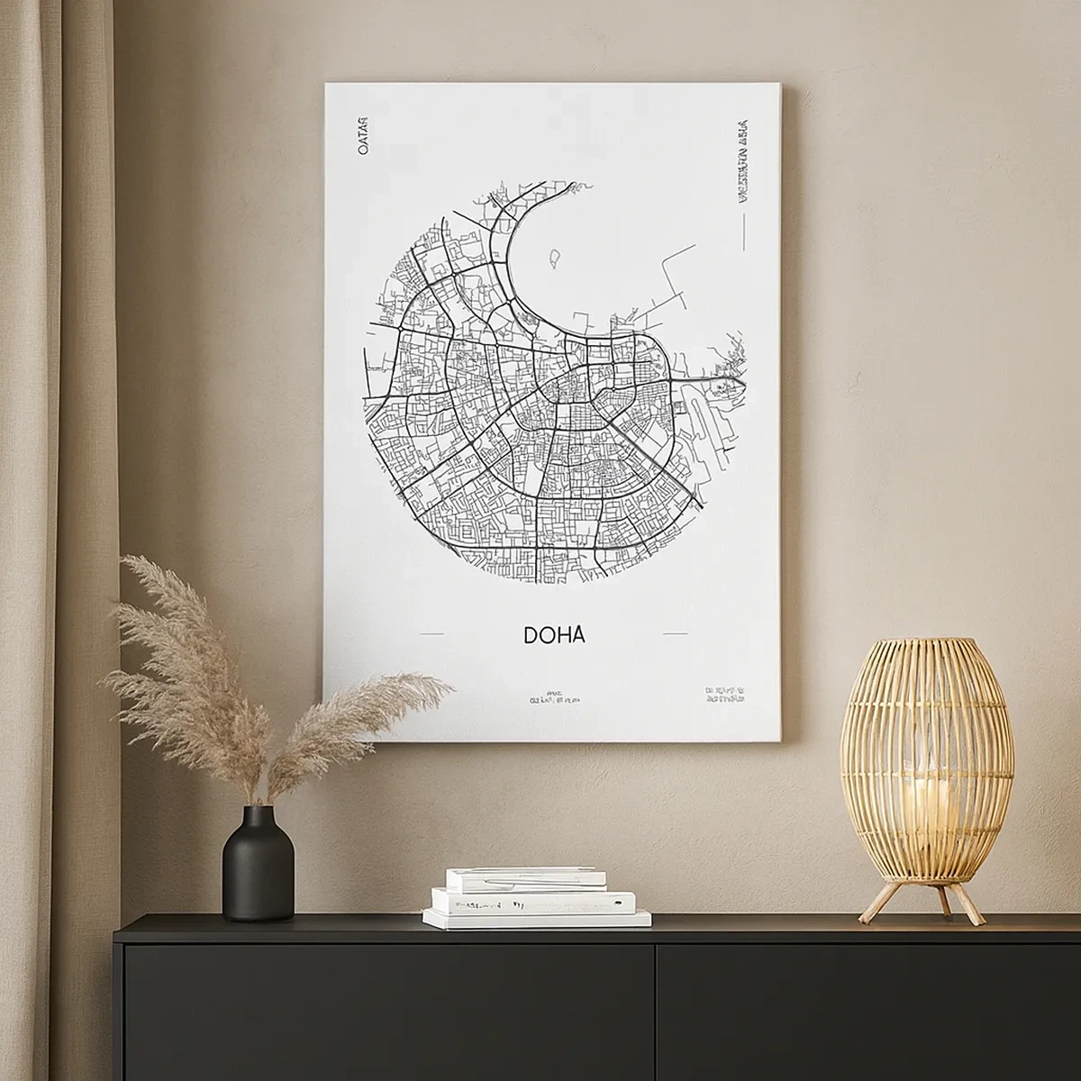 Obraz na płótnie - Minimalistyczna mapa Dohy w czarno-białej stylistyce - 50x70cm - Anatomia Dohy - Nowoczesna dekoracja ścienna do salonu, kuchni i sypialni ARTTOR