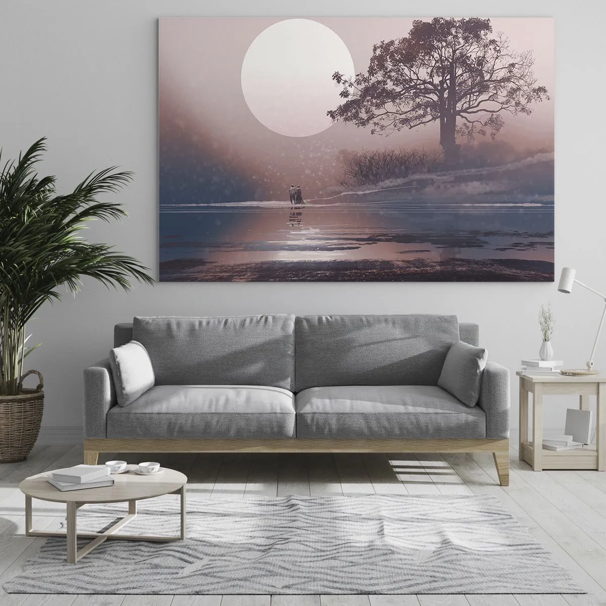 Obraz na szkle - Magiczny krajobraz z drzewem, księżycem i postaciami - 120x80cm - Nocne dziwy - Nowoczesna dekoracja ścienna do salonu, kuchni i sypialni ARTTOR
