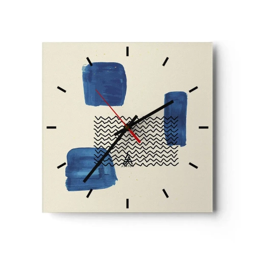 Zegar ścienny - Abstrakcyjna kompozycja z niebieskimi plamami i falistymi liniami - 30x30cm - Abstrakcyjny kwartet - Nowoczesna dekoracja ścienna do salonu i sypialni ARTTOR