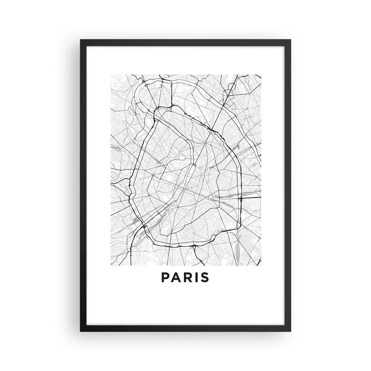 Plakat w czarnej ramie - Mapa Paryża w minimalistycznym stylu czarno-białym - 50x70cm - Kwiat Paryża - Nowoczesna dekoracja ścienna do salonu i sypialni ARTTOR