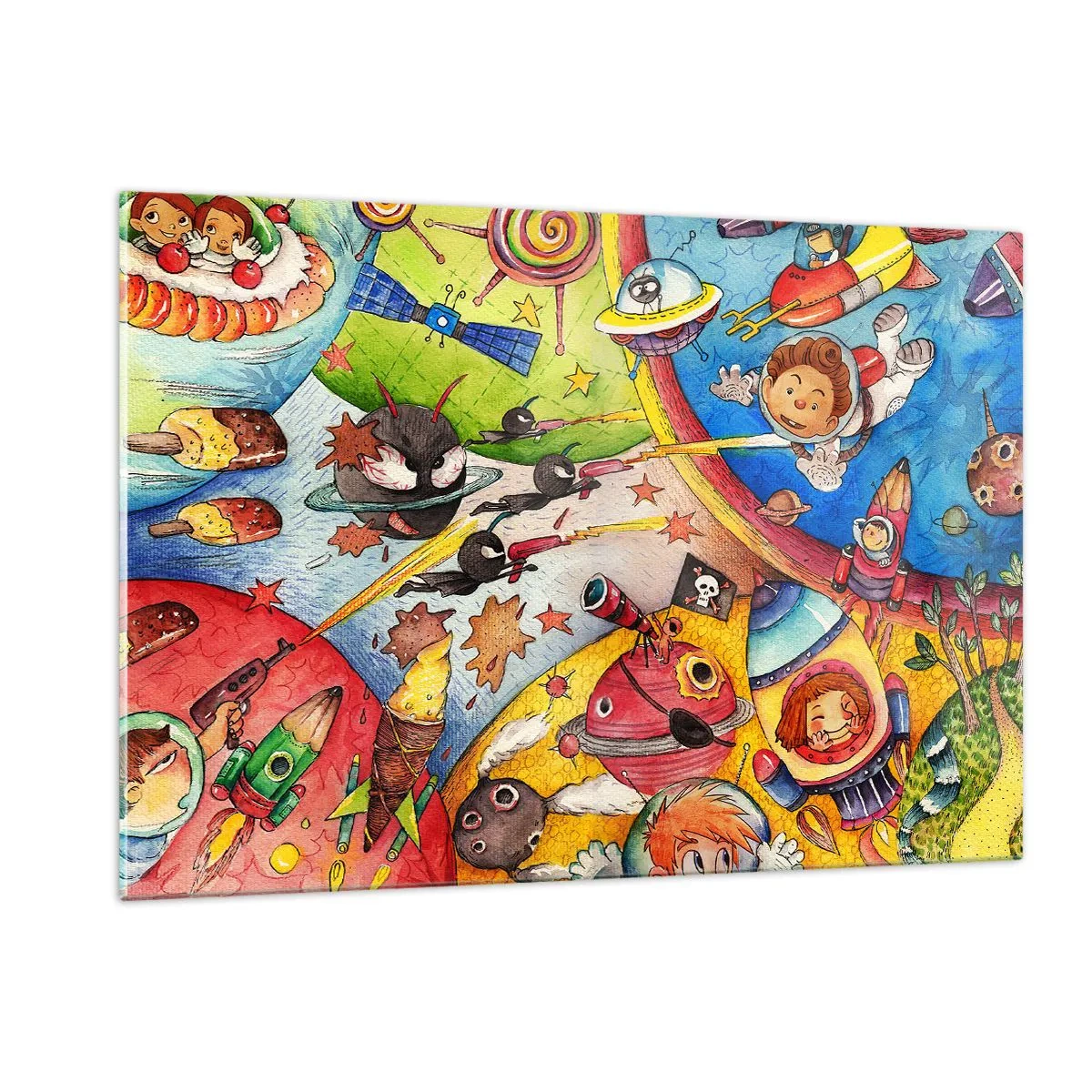 Obraz na szkle - Kolorowa ilustracja kosmicznej przygody dla dzieci - 120x80cm - Wielka kosmiczna przygoda - Nowoczesna dekoracja ścienna do salonu, kuchni i sypialni ARTTOR