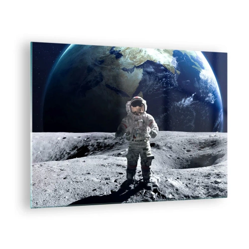 Obraz na szkle - Astronauta na powierzchni Księżyca z Ziemią w tle - 70x50cm - Pozdrowienia z Księżyca - Nowoczesna dekoracja ścienna do salonu i sypialni ARTTOR