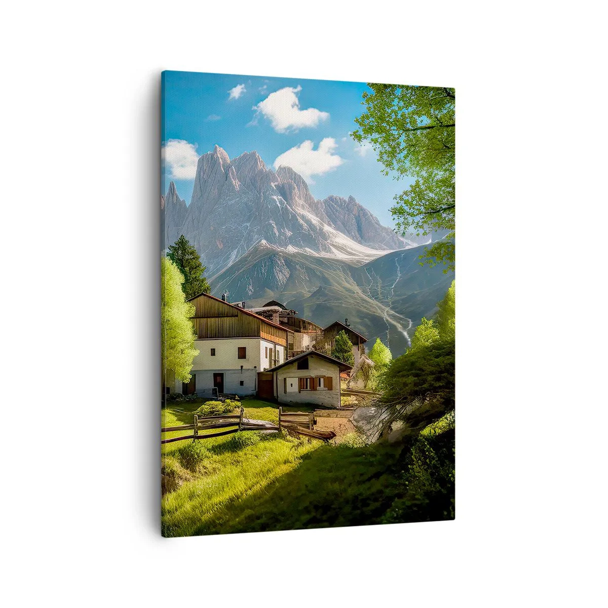 Obraz na płótnie - Malownicza górska wioska otoczona zielenią i majestatycznymi szczytami - 50x70cm - Alpejska sielanka - Nowoczesna dekoracja ścienna do salonu, kuchni i sypialni ARTTOR