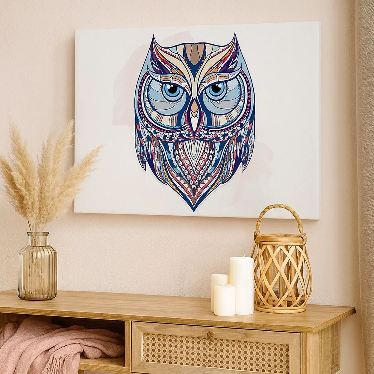 Obraz na płótnie - Geometryczna sowa w odcieniach niebieskiego i beżowego - 70x50cm - Kunsztowna sowa ornamentowa - Nowoczesna dekoracja ścienna do salonu i sypialni ARTTOR