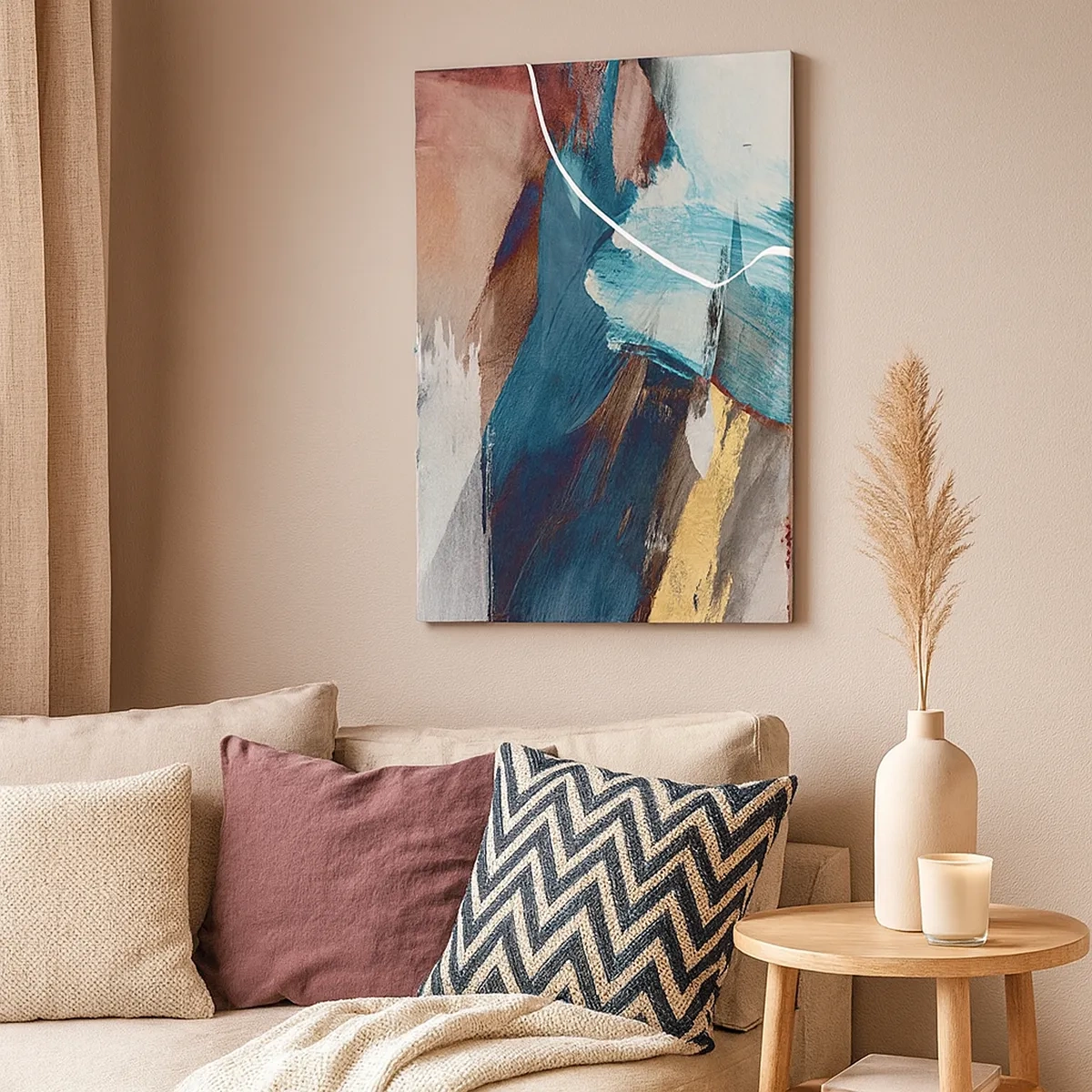 Obraz na płótnie - Abstrakcyjna kompozycja dynamicznych pociągnięć pędzla w odcieniach błękitu, brązu i złota - 50x70cm - Z rozmachem i energicznie - Nowoczesna dekoracja ścienna do salonu, kuchni i sypialni ARTTOR