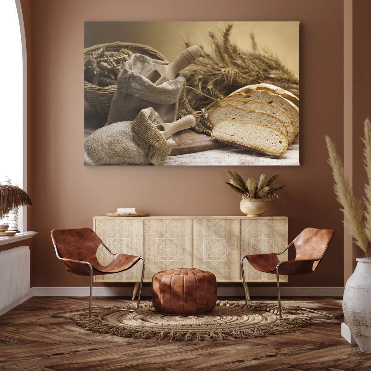 Obraz na płótnie - Krajobraz z chlebem, mąką i kłosami zbóż w rustykalnym stylu - 100x70cm - Jak nożem uciął - Nowoczesna dekoracja ścienna do salonu, kuchni i sypialni ARTTOR