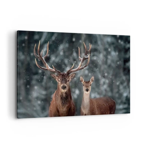 Obraz na płótnie - Jelenie w zimowym lesie pokrytym śniegiem - 120x80cm - Pan lasu z małżonką - Nowoczesna dekoracja ścienna do salonu, kuchni i sypialni ARTTOR