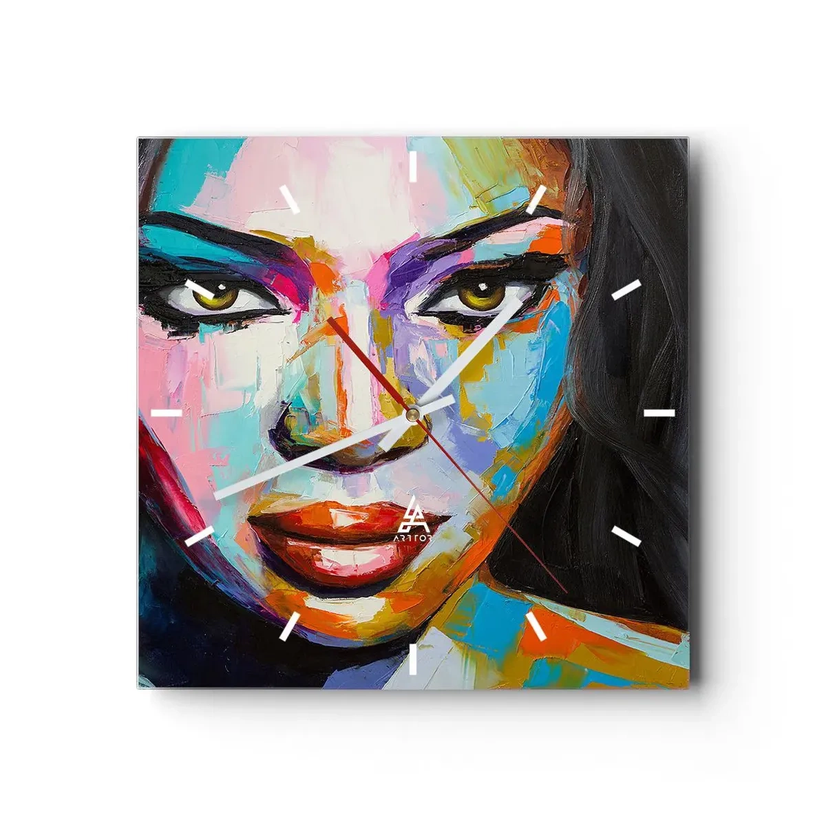 Zegar ścienny - Kolorowy portret kobiety z intensywnym spojrzeniem - 30x30cm - Nie sposób oderwac oczu - Nowoczesna dekoracja ścienna do salonu i sypialni ARTTOR