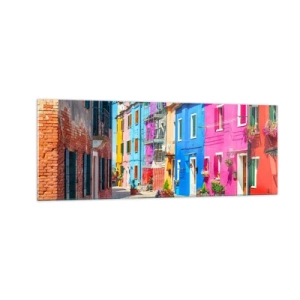 Obraz na szkle - Kolorowe budynki w wąskiej uliczce miasteczka - 140x50cm - Miasteczko "Pod papugami" - Nowoczesna dekoracja ścienna do salonu i sypialni ARTTOR