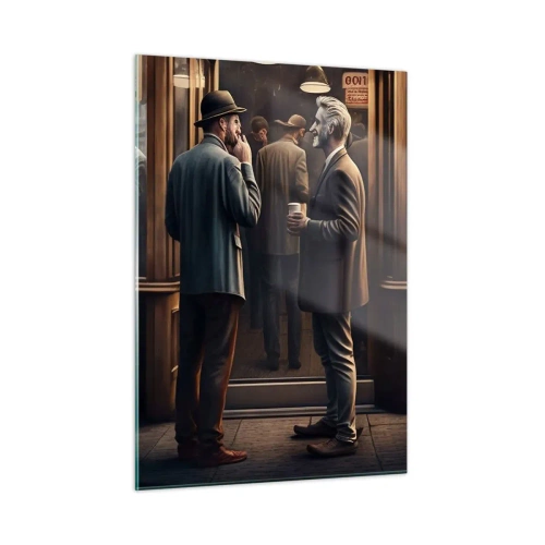 Obraz na szkle - Mężczyźni rozmawiający przed kawiarnią w miejskim klimacie retro - 50x70cm - Dobra chwila dnia - Nowoczesna dekoracja ścienna do salonu, kuchni i sypialni ARTTOR