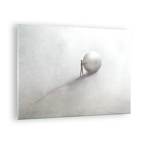 Obraz na szkle - Minimalistyczna sylwetka człowieka z dużą kulą na jasnym tle - 70x50cm - Gra życia - Nowoczesna dekoracja ścienna do salonu i sypialni ARTTOR