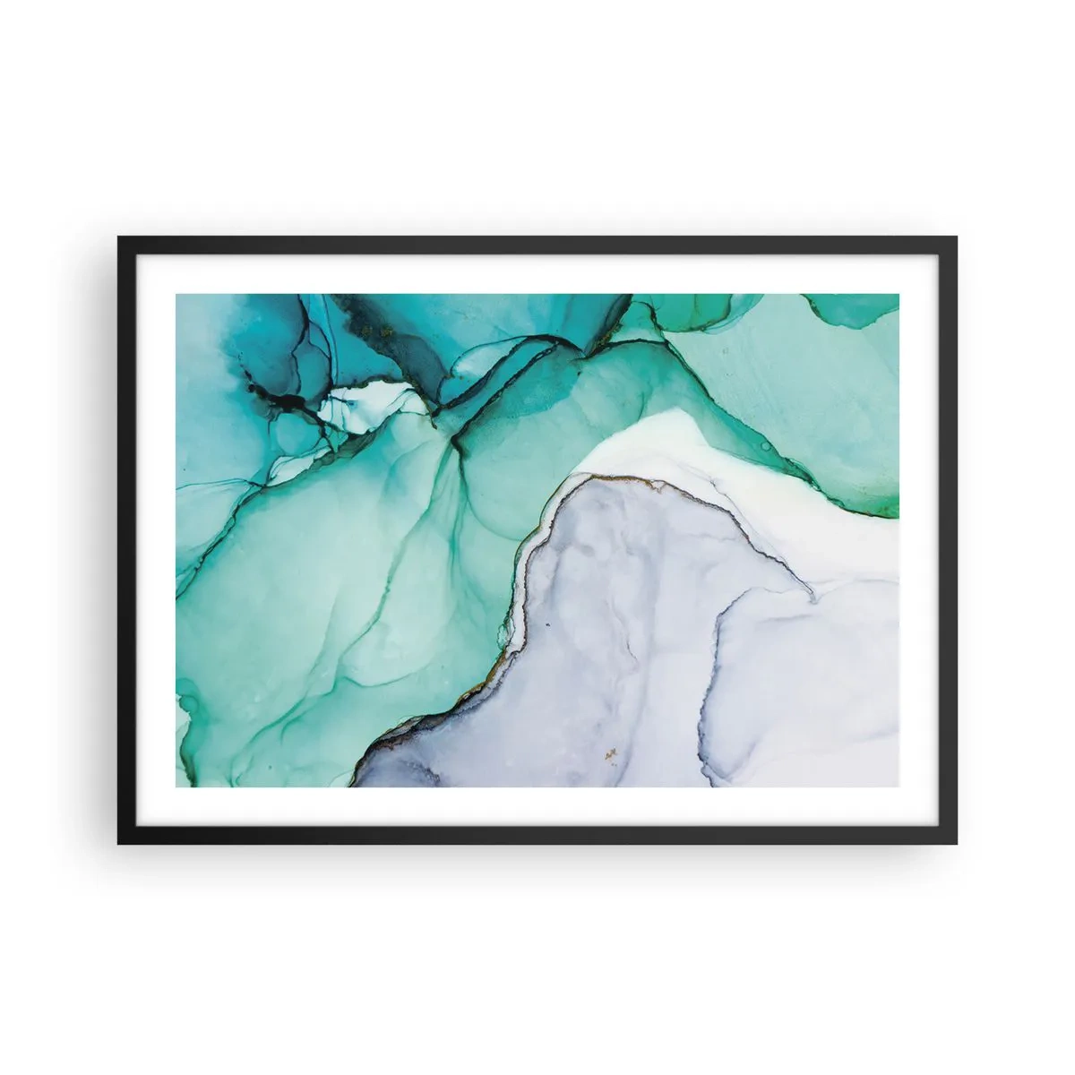 Plakat w czarnej ramie - Abstrakcyjny wzór w odcieniach turkusu i bieli - 70x50cm - Studium w turkusie - Nowoczesna dekoracja ścienna do salonu i sypialni ARTTOR