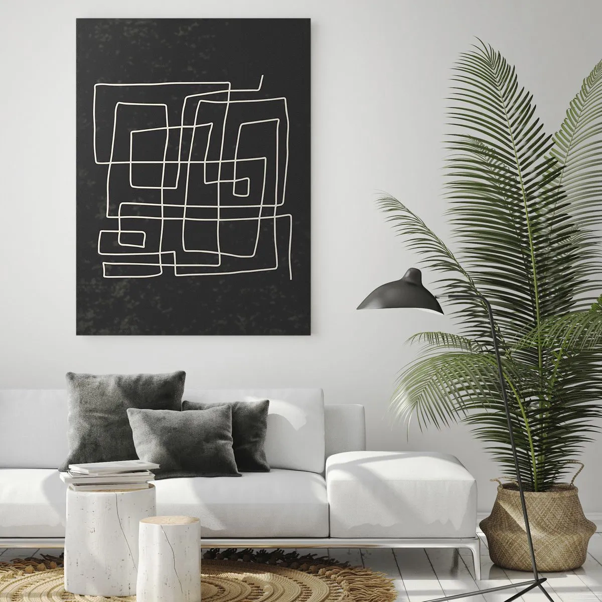 Obraz na szkle - Geometryczna abstrakcja z białymi liniami na czarnym tle - 50x70cm - Nie taki prosty - Nowoczesna dekoracja ścienna do salonu, kuchni i sypialni ARTTOR