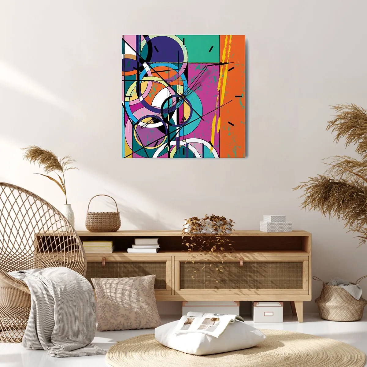 Zegar ścienny - Kolorowa abstrakcja z geometrycznymi okręgami - 30x30cm - Koło za kołem - Nowoczesna dekoracja ścienna do salonu i sypialni ARTTOR