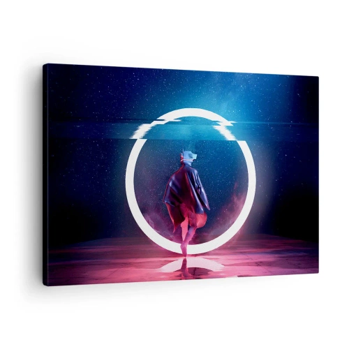 Obraz na płótnie - Postać w futurystycznym otoczeniu z neonowym okręgiem - 70x50cm - Między światami - Nowoczesna dekoracja ścienna do salonu i sypialni ARTTOR
