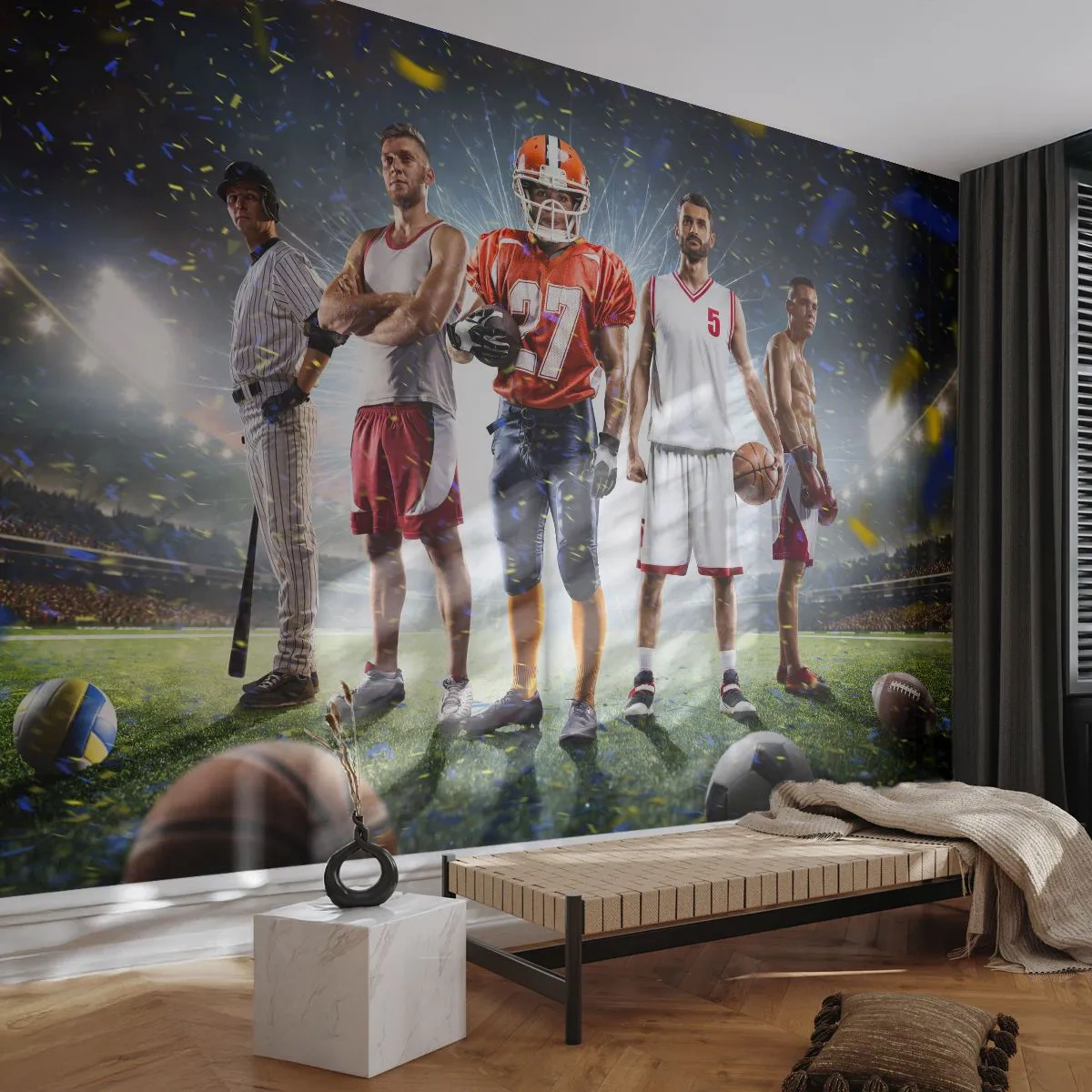 Fototapeta Premium Canvas - Dynamiczna scena sportowców różnych dyscyplin na stadionie w świetle reflektorów - 100x70cm - Gladiatorzy boisk - Nowoczesna dekoracja ścienna do salonu i sypialni ARTTOR