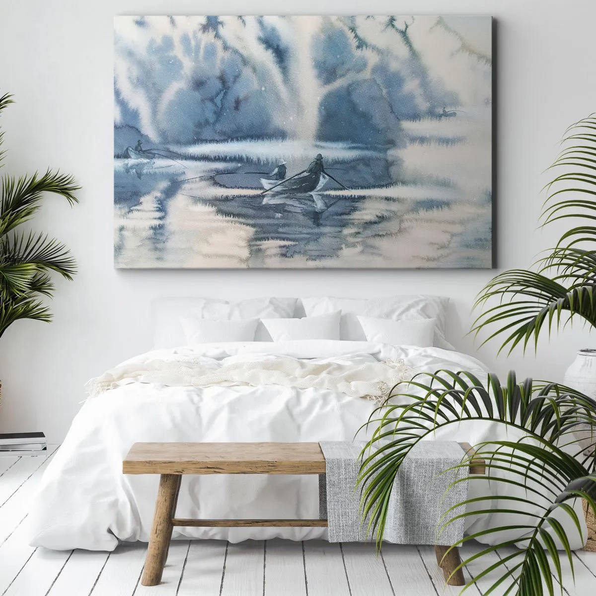 Obraz na płótnie - Akwarelowy krajobraz z łodziami na jeziorze otoczonym mglistym lasem - 100x70cm - Wędkarze w swoim raju - Nowoczesna dekoracja ścienna do salonu, kuchni i sypialni ARTTOR