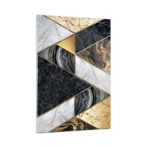 Obraz na szkle - Geometryczny wzór z marmurowych i złotych trójkątów - 50x70cm - Kamień przy kamieniu - Nowoczesna dekoracja ścienna do salonu, kuchni i sypialni ARTTOR