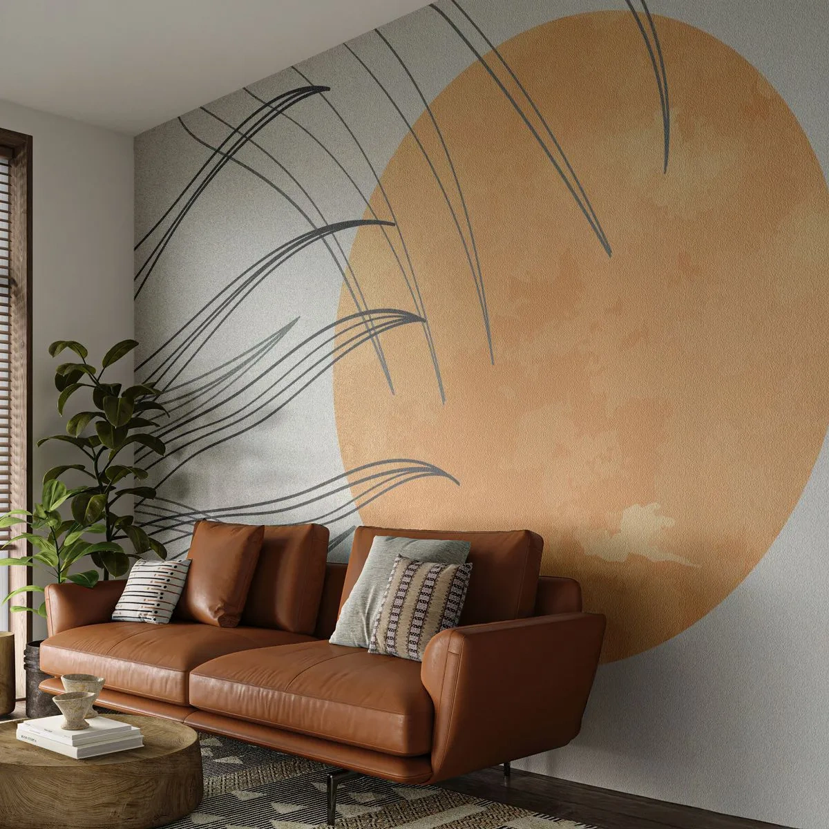 Fototapeta Premium Sand - Pomarańczowe słońce z liniami przypominającymi trawy na wietrze - 100x70cm - Zawsze ku słońcu - Nowoczesna dekoracja ścienna do salonu, kuchni i sypialni ARTTOR