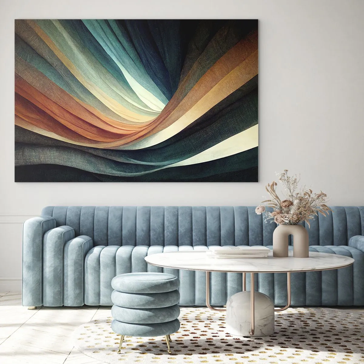 Obraz na szkle - Kolorowe fale w odcieniach turkusu, pomarańczu i beżu - 70x50cm - Utkane z barw - Nowoczesna dekoracja ścienna do salonu i sypialni ARTTOR