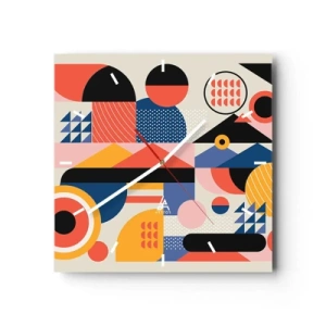 Zegar ścienny - Kolorowe geometryczne kształty w stylu retro - 30x30cm - Kompozycja: pobaw się - Nowoczesna dekoracja ścienna do salonu i sypialni ARTTOR